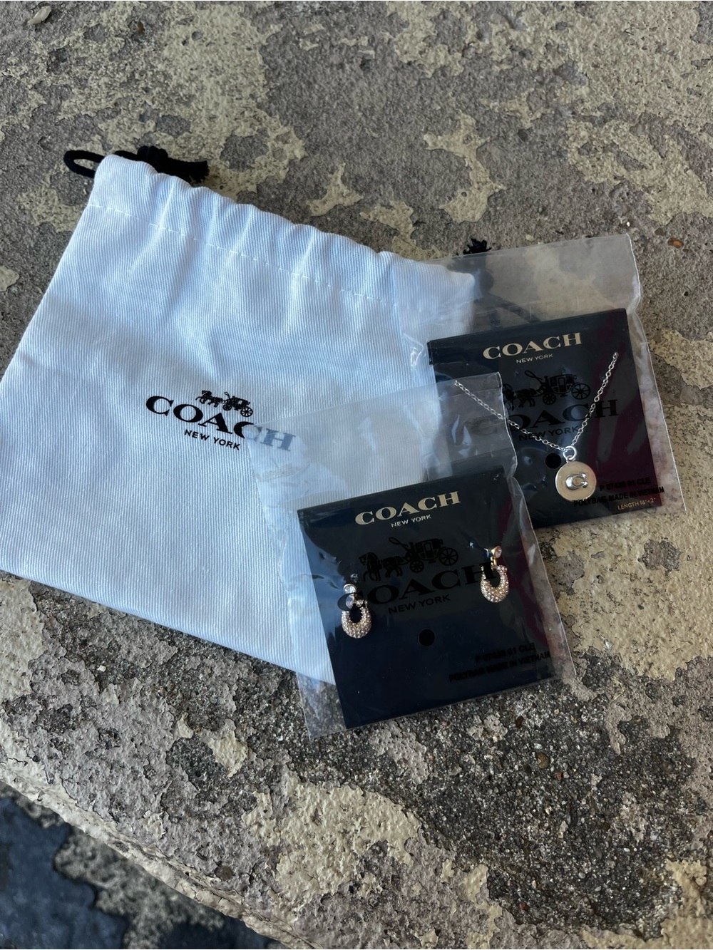 New Coach Silver/Gold Pave Horseshoe Earrings and Pendant Set